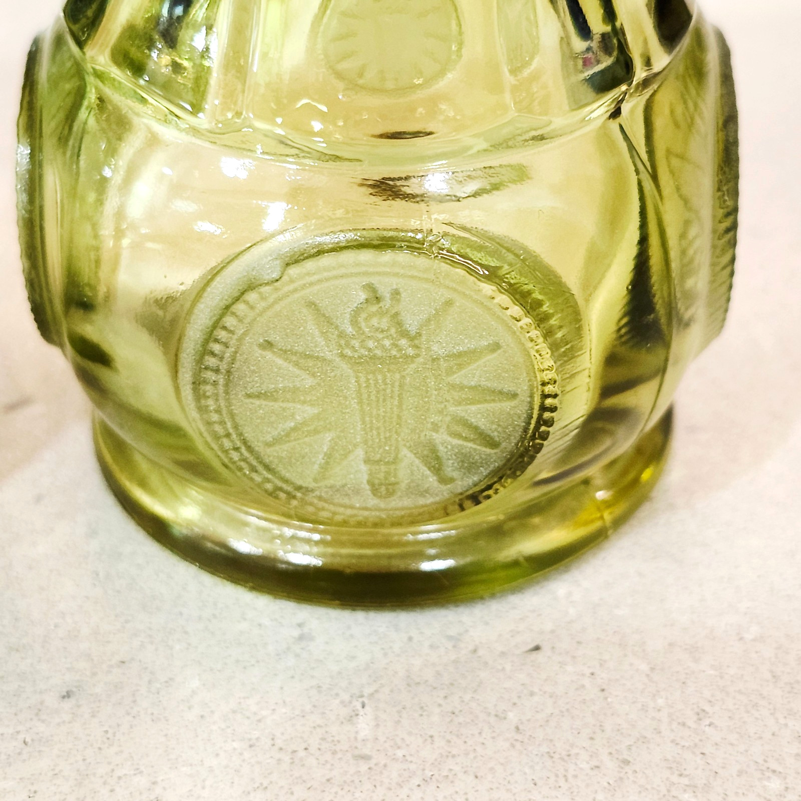 Vintage Fostoria Olive Green Glass Coin 3” Tall Salt & Pepper Shakers