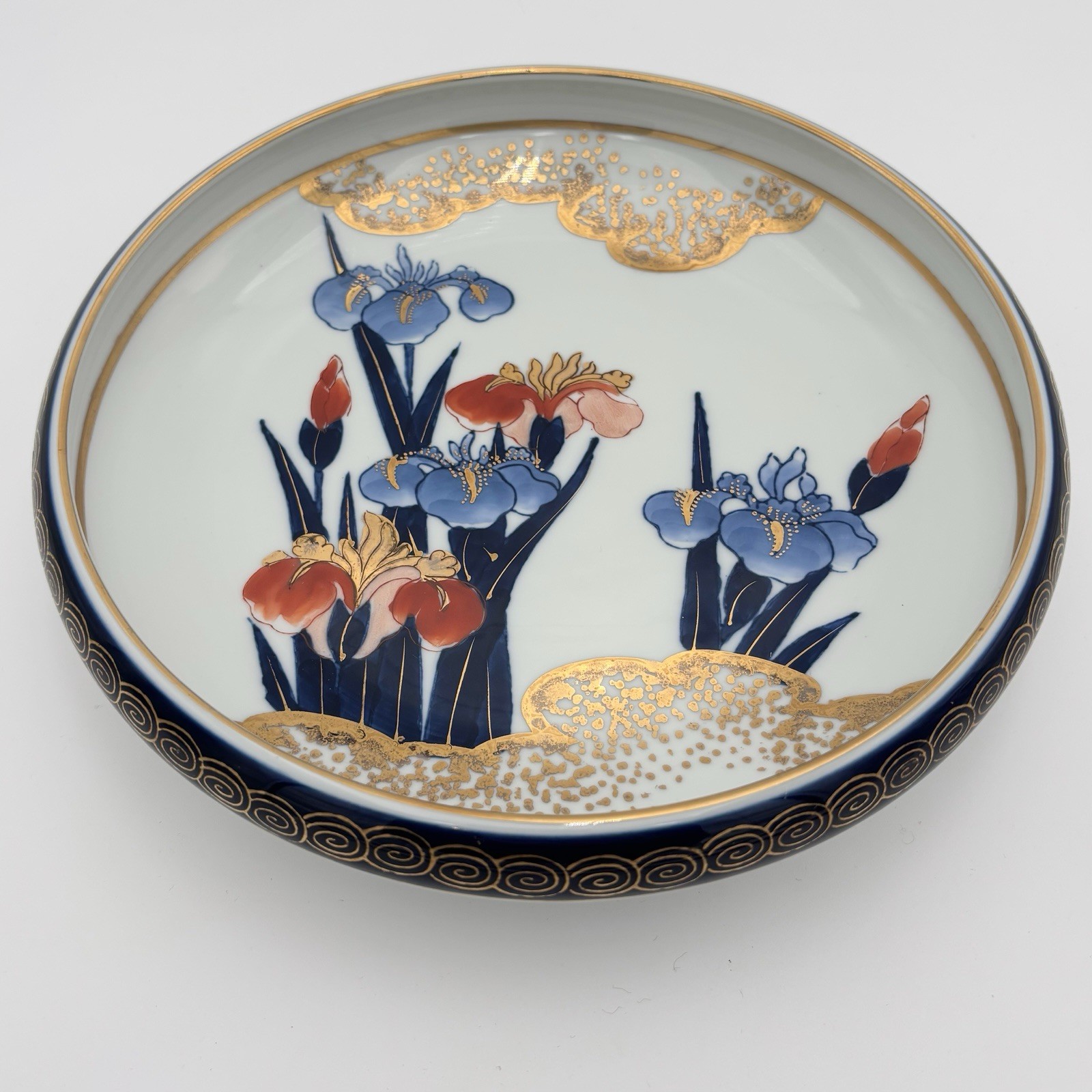 Hand Painted Gold Imari Rust Blue Orchids Shallow Bowl Decorative Plate Japan