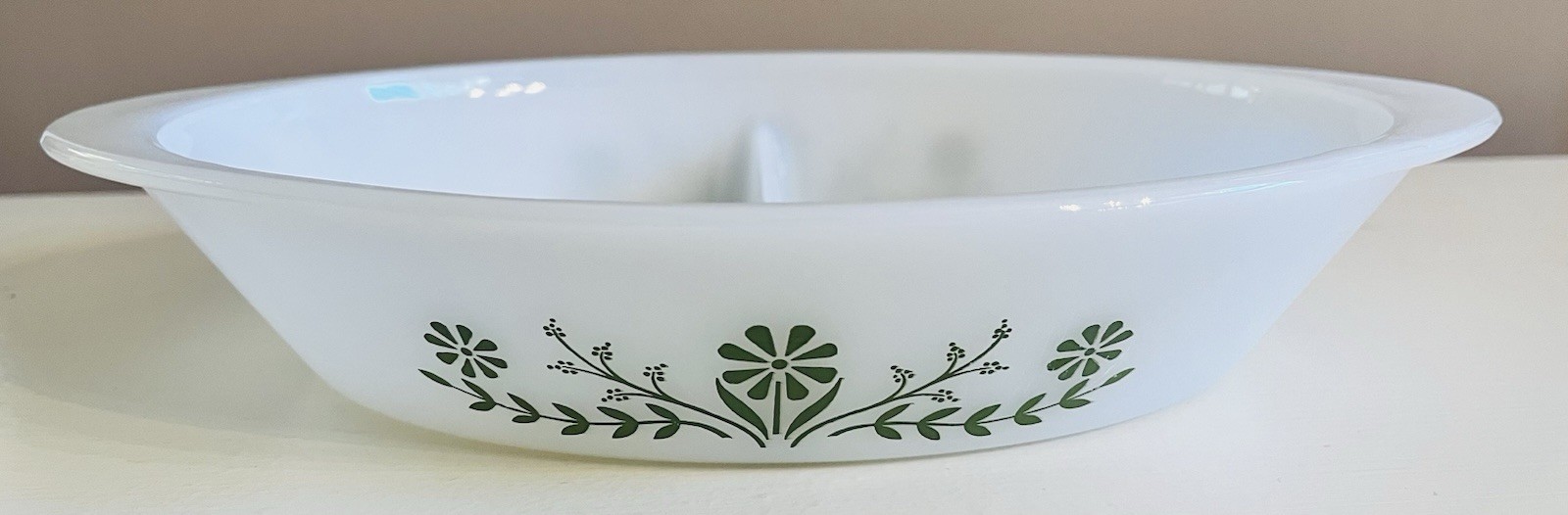 Milk  Glass   Divided  Dish  With   Green  Flower  Decoration