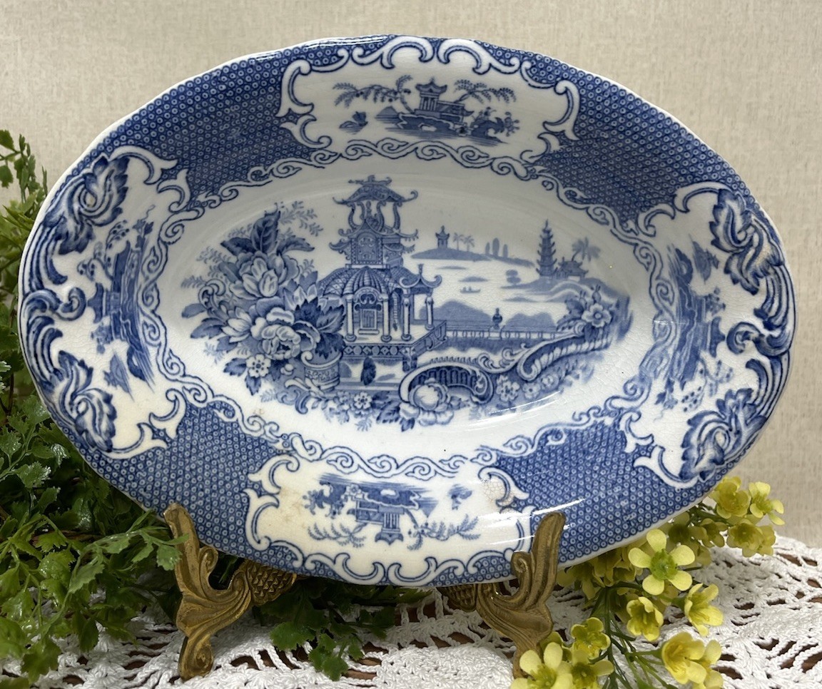 Allertons Chinese Blue Oval Serving Vegetable Bowl Pagodas 9 In OLD Back Stamp