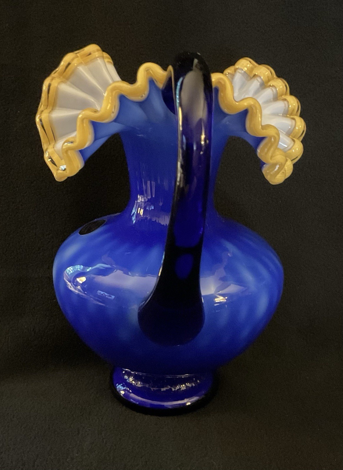 2 MCM Arte Murano Kristall Mery Cobalt Blue Pitcher W/Yellow Ruffled Rim 8.5
