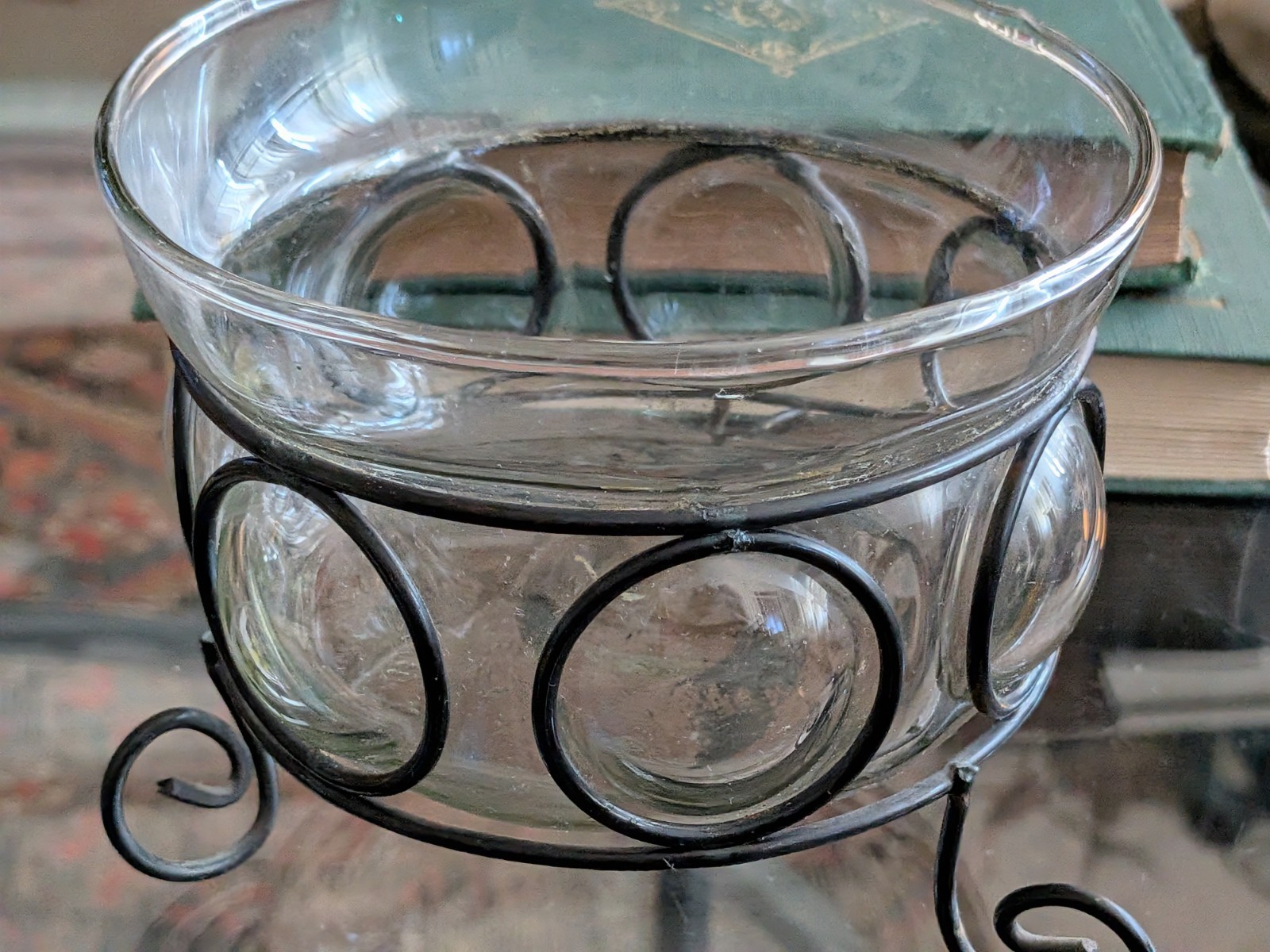 Vtg Blown Bubble Glass & Metal Caged Bowl Studio Welded Metal Frame 90s Art