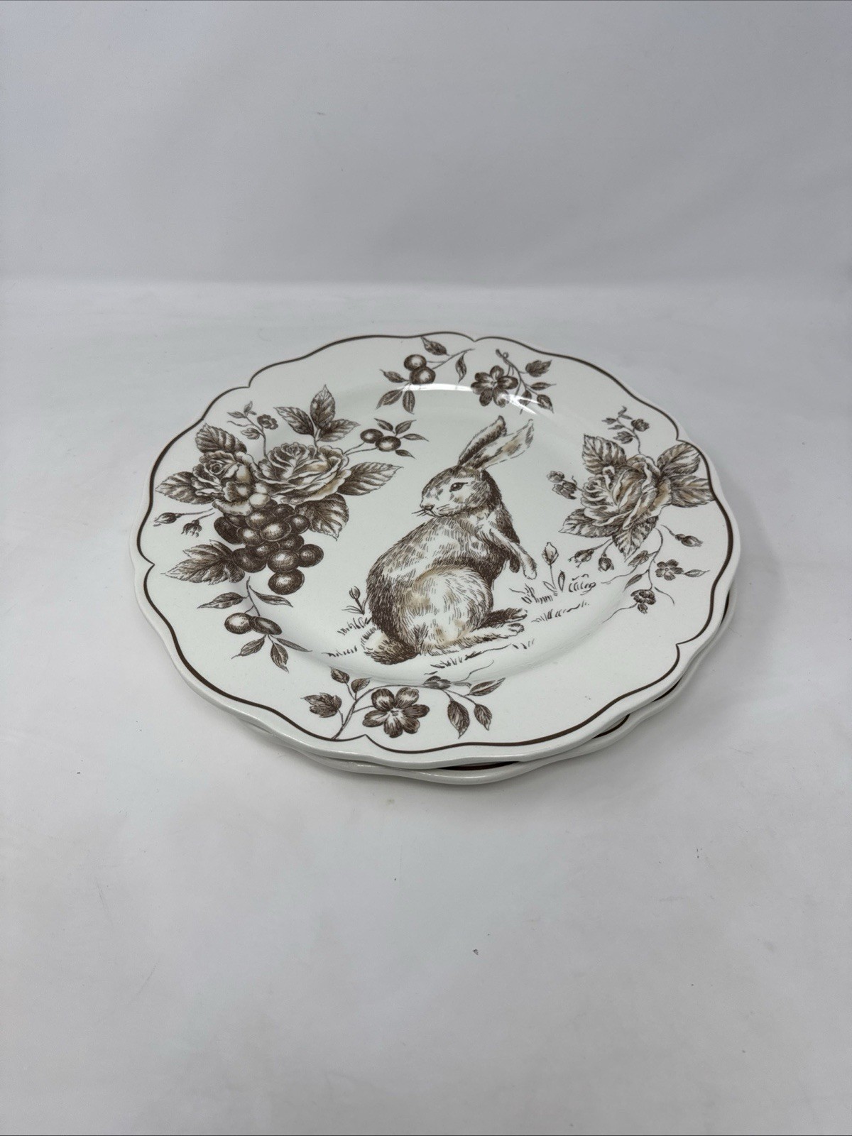 2 New Maxcera Toile Bunny Brown Rabbit Easter 11 1/2 Plates VHTF