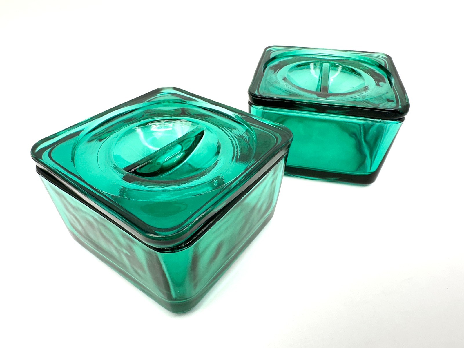 Vintage Jeannette Ultramarine Glass Refrigerator Dishes Pair 1930s Stackable Set