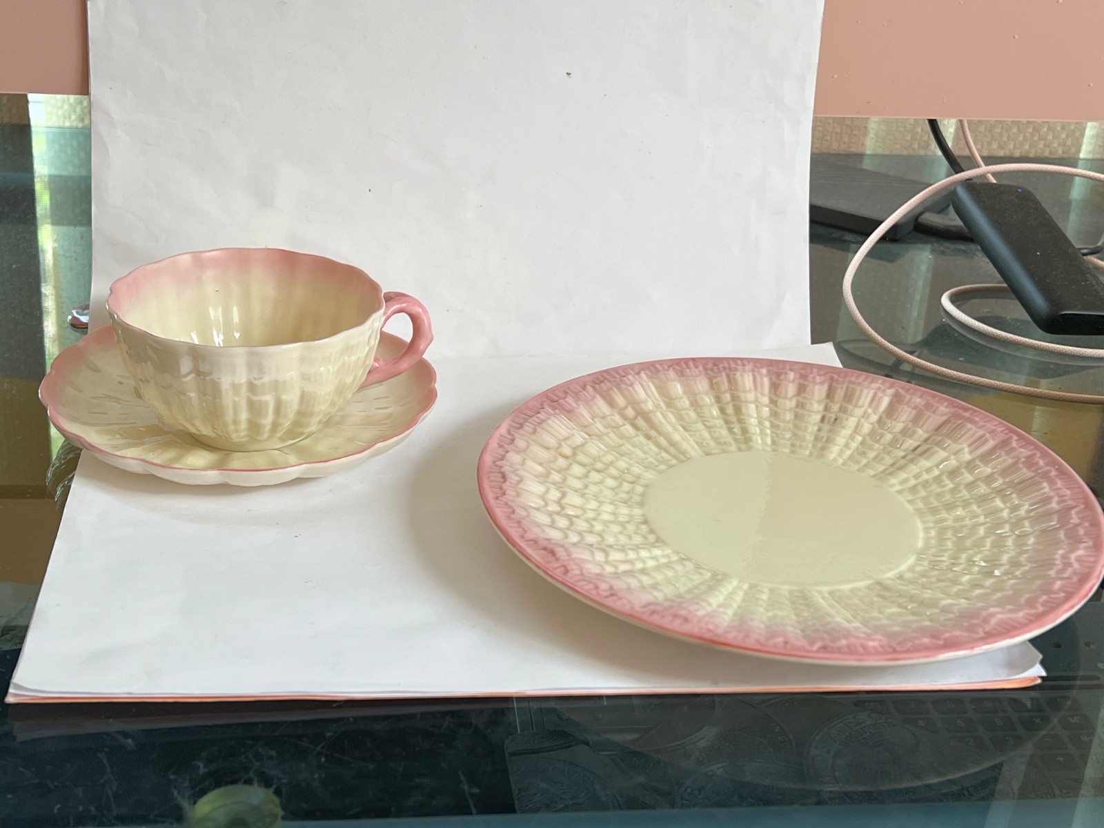 TRIO of IRISH BELLEEK Pink TRIDACNA Cup & Saucer & 7 1/2″ Plate – 1st Black Mark