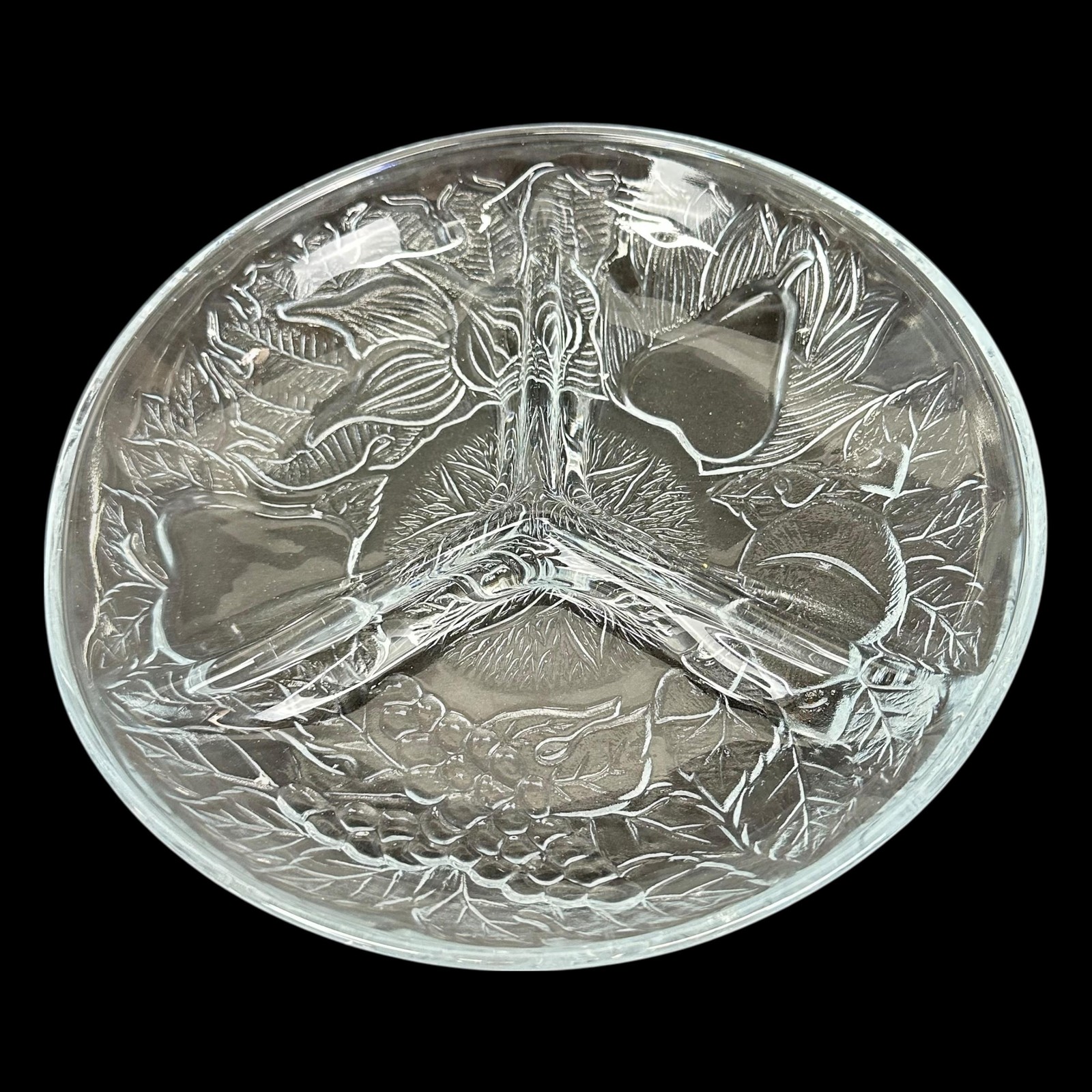 Vintage KIG Indonesia Clear Glass 3 Section Relish Dish Fruit Design 7.75 In