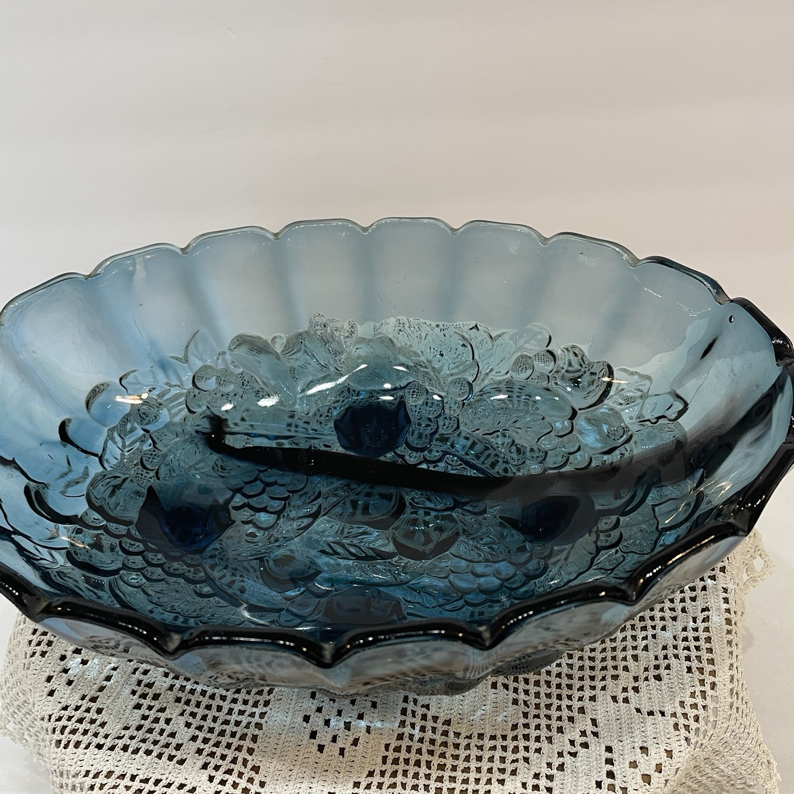 Vintage Indiana Glass Blue Garland Fruit Bowl Footed Oval 12inches Harvest Grape
