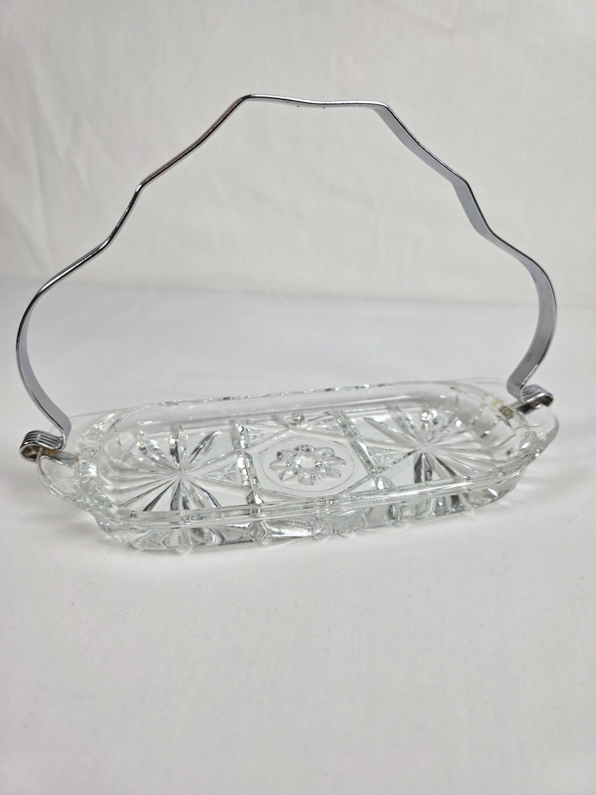 Vintage Glass Relish Tray Chrome Handle Starburst Cut Pattern Candy Dish Server