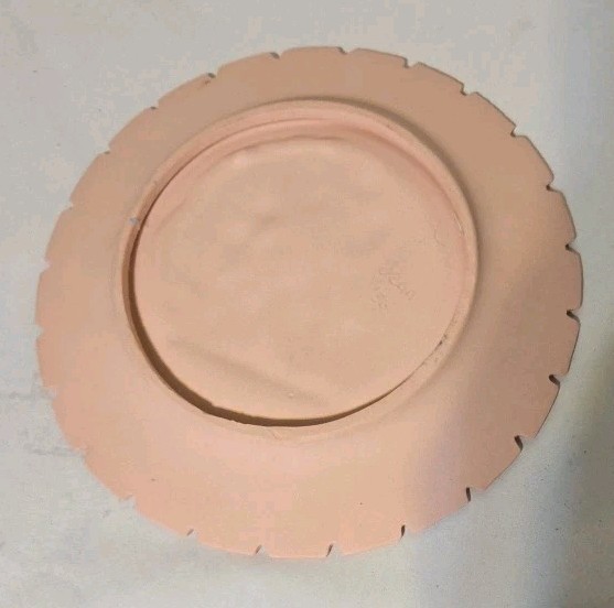7″ Jasperware Pink & White Plate Ivory Neo~Classical Relief Notched Rim Vintage