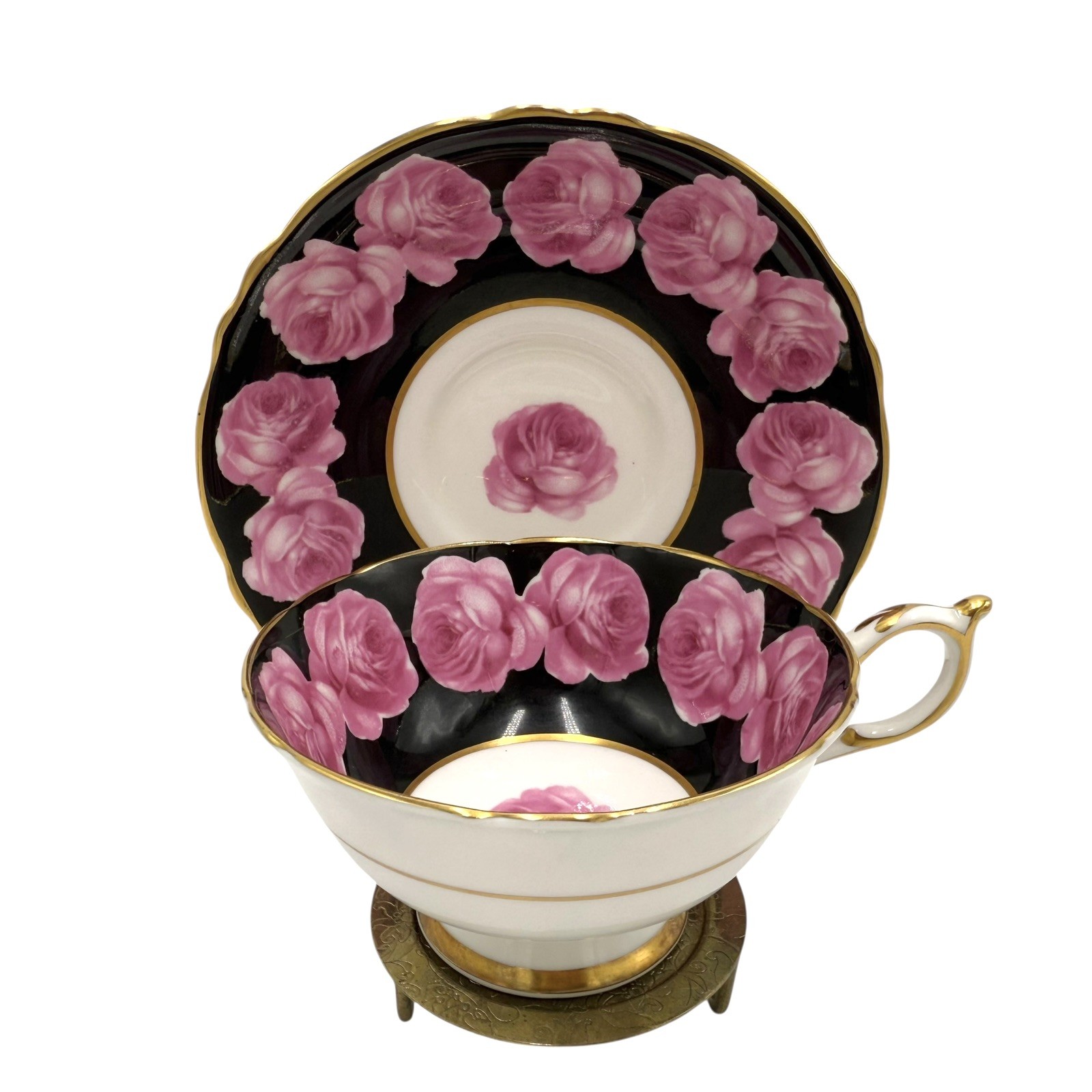 Paragon Pink Cabbage Rose Garland Black Gold Teacup & Saucer Double Warrant