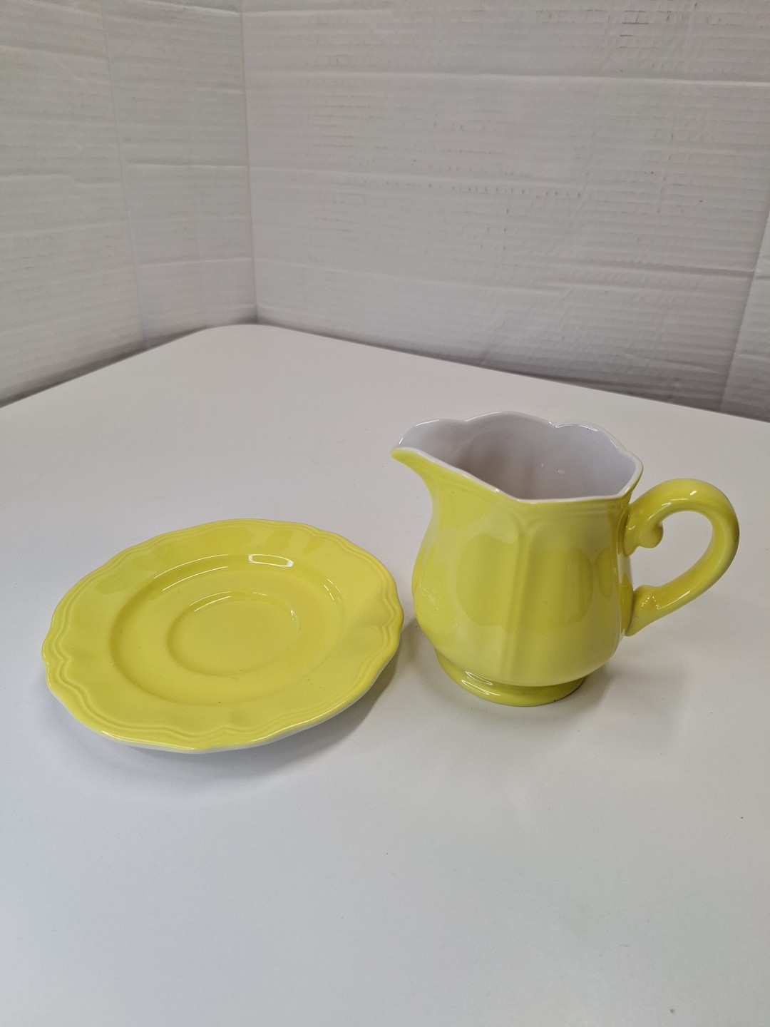 Ironstone Japan Yellow Ceramic Creamer Pitcher w Saucer Plate 4.5″H x 5.5″W