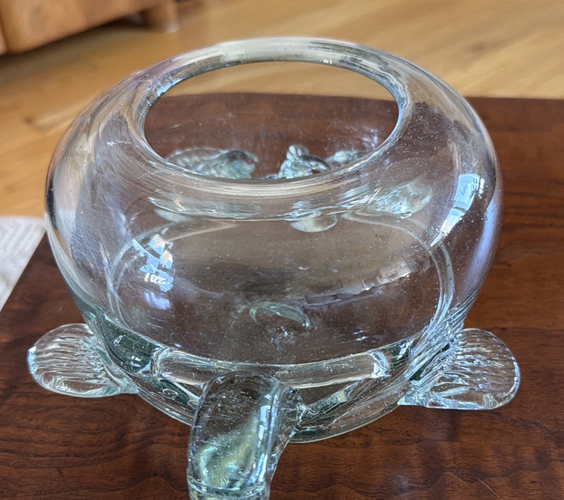 Mexican Hand Blown Clear Green Glass Sea Turtle Bowl Terrarium Beta Goldfish
