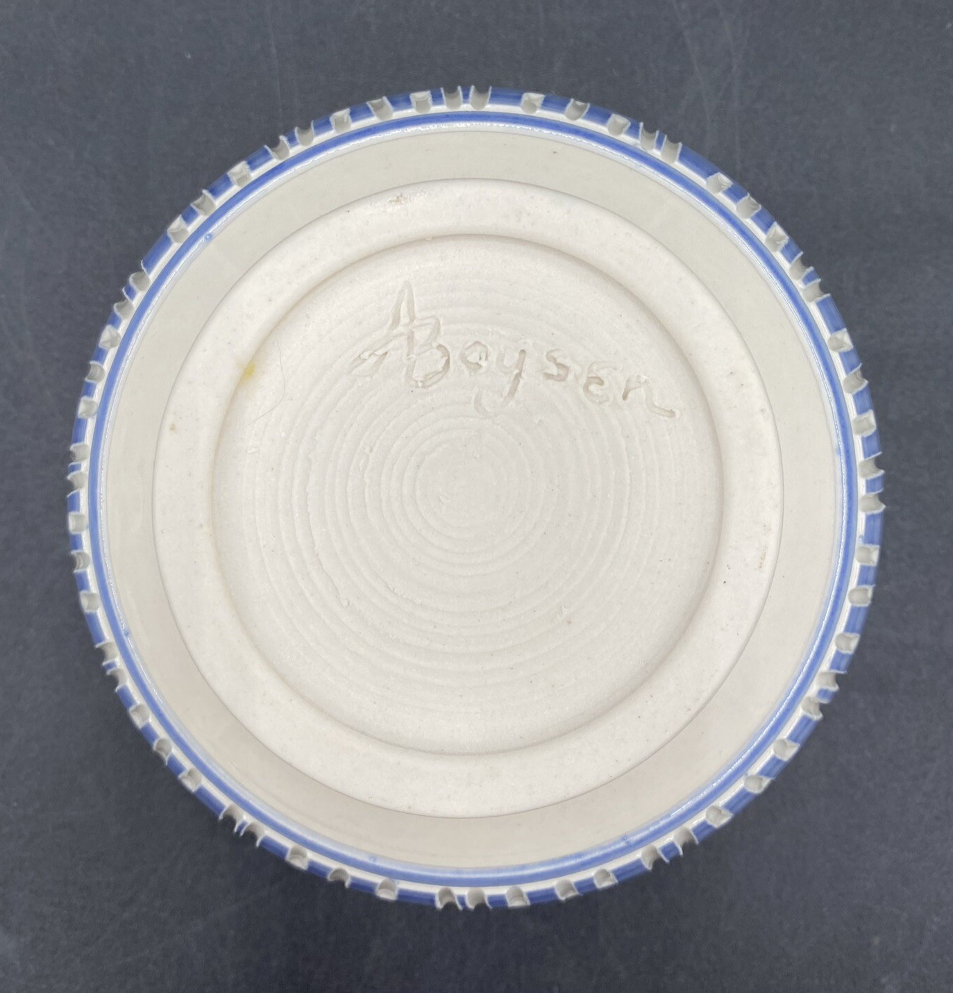 Alice Boysen Handmade Stoneware Footed Bowl, Vertical Bands on Blue, Signed