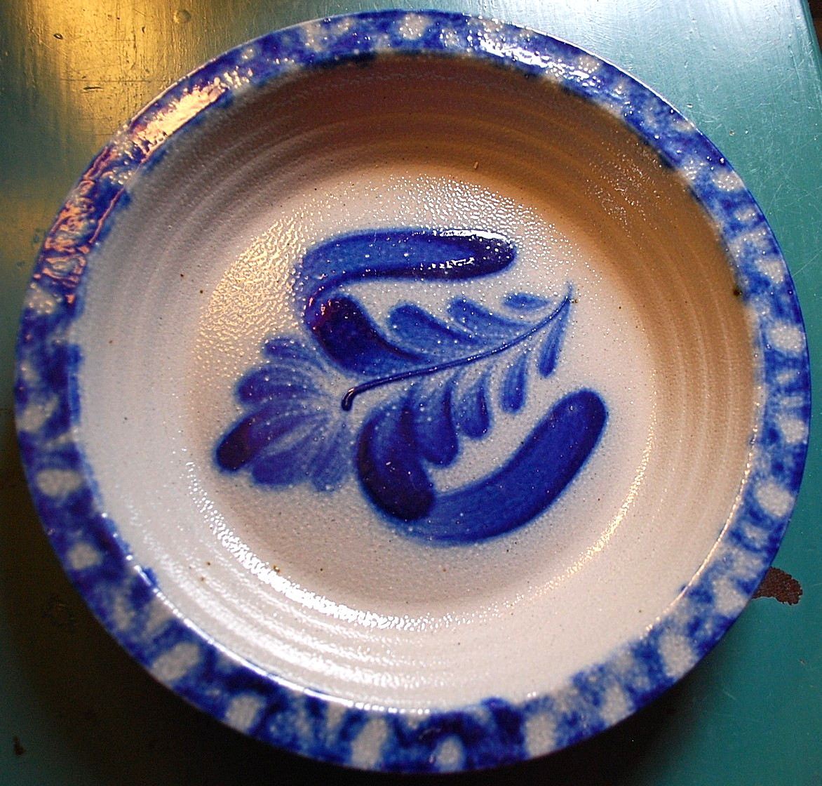 Vtg Studio Handcrafted FOLK ART Pottery Dish/Plate BLUE SALT GLAZE Signed Dated