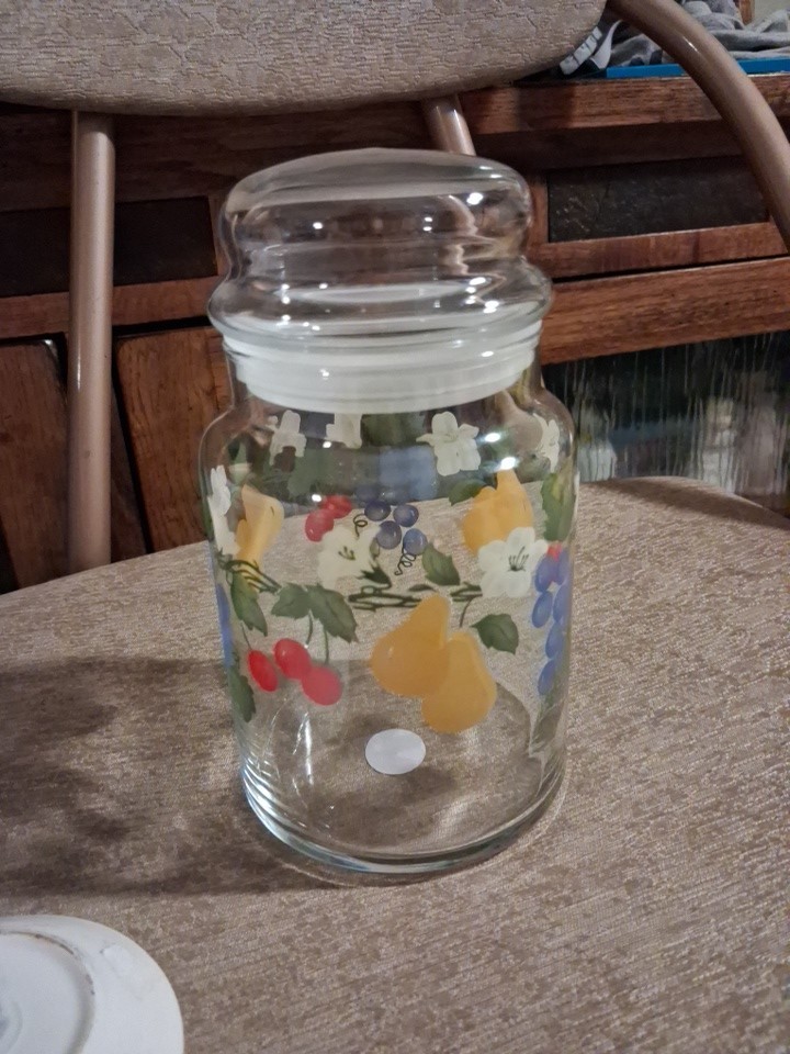 Vtg Glass Canister Jar strawberry and flowers Vintage