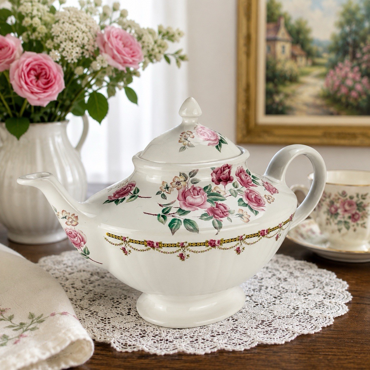 Vintage Arthur Wood & Son Teapot 6334 Pink Roses Staffordshire England 9.5””