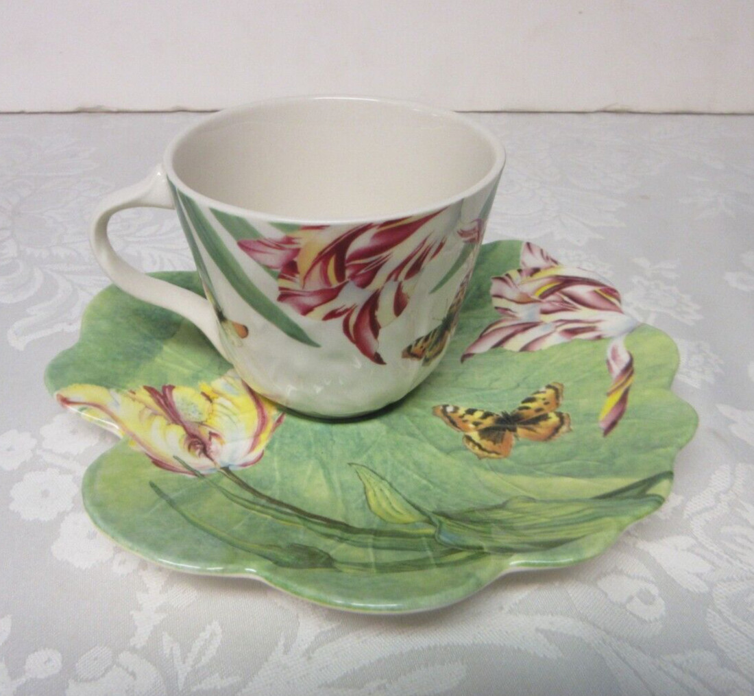 Spode Floral Haven Flat Cup Saucer Set Scalloped Butterflies Tulips Bee England