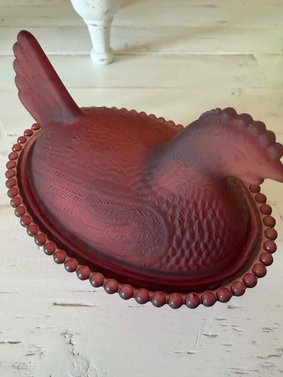 Burgandy Glass Hen on a Nest HON Covered Dish Satin Matte Pressed Glass Oval 5”