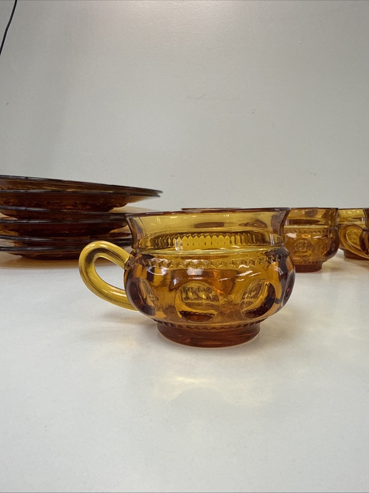 VTG 12pc Kings Crown Thumbprint Indiana Amber Glass Dinner Set Glasses & Plates