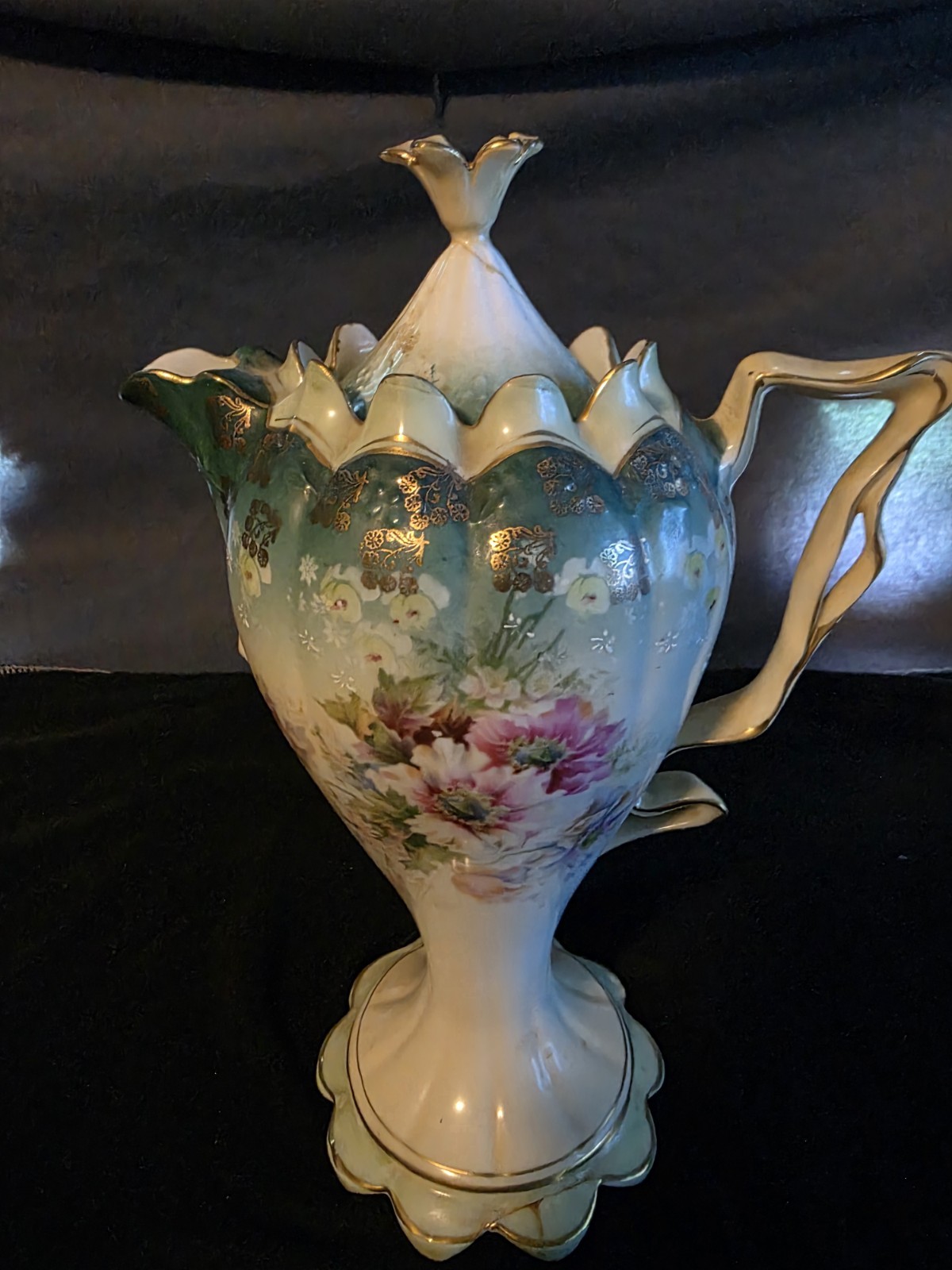Vintage RS Prussia Red Mark Chocolate Pot Green Floral Footed Scalloped Base