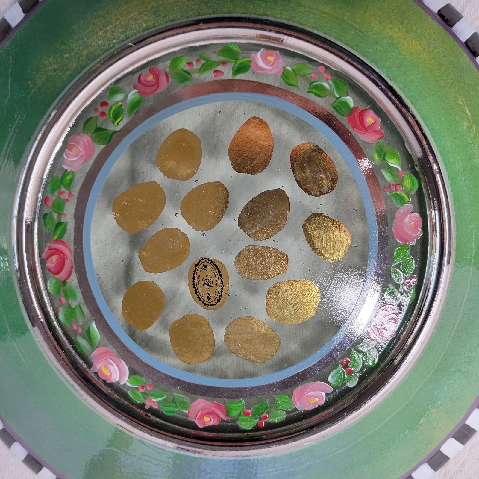 Early MacKenzie-Childs Plate Hand Painted Glass Soup Pasta 9.25″ Rose Garland