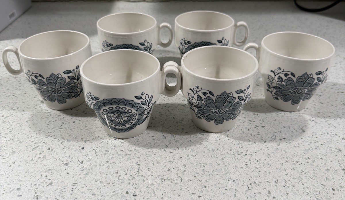 Parker Brothers Ltd Offbeat Blue White Royal Tudor Tea Cups Stackable Set Of 6