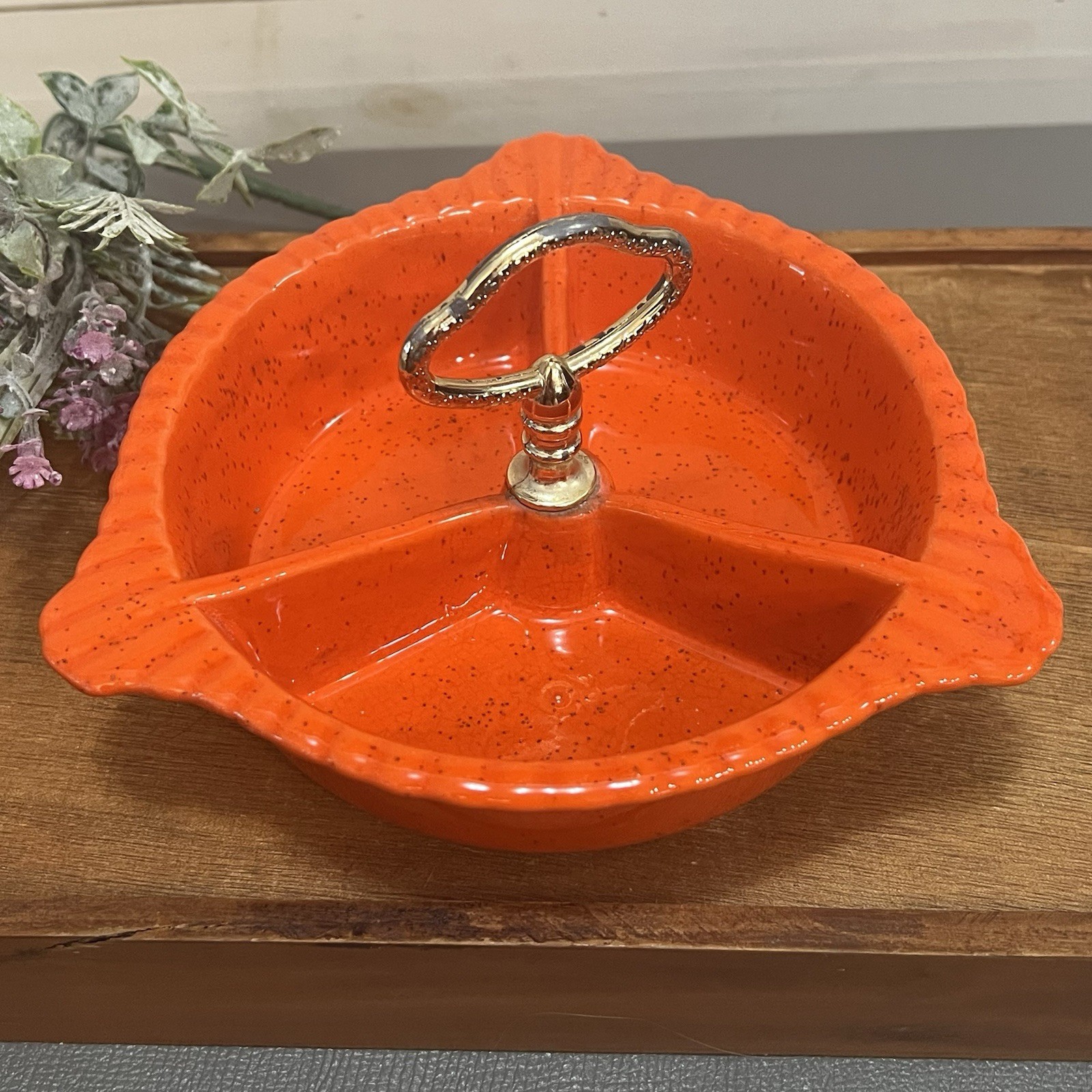 Vintage California Pottery L65 Orange Divided/3 Relish Nut Candy Dish Server