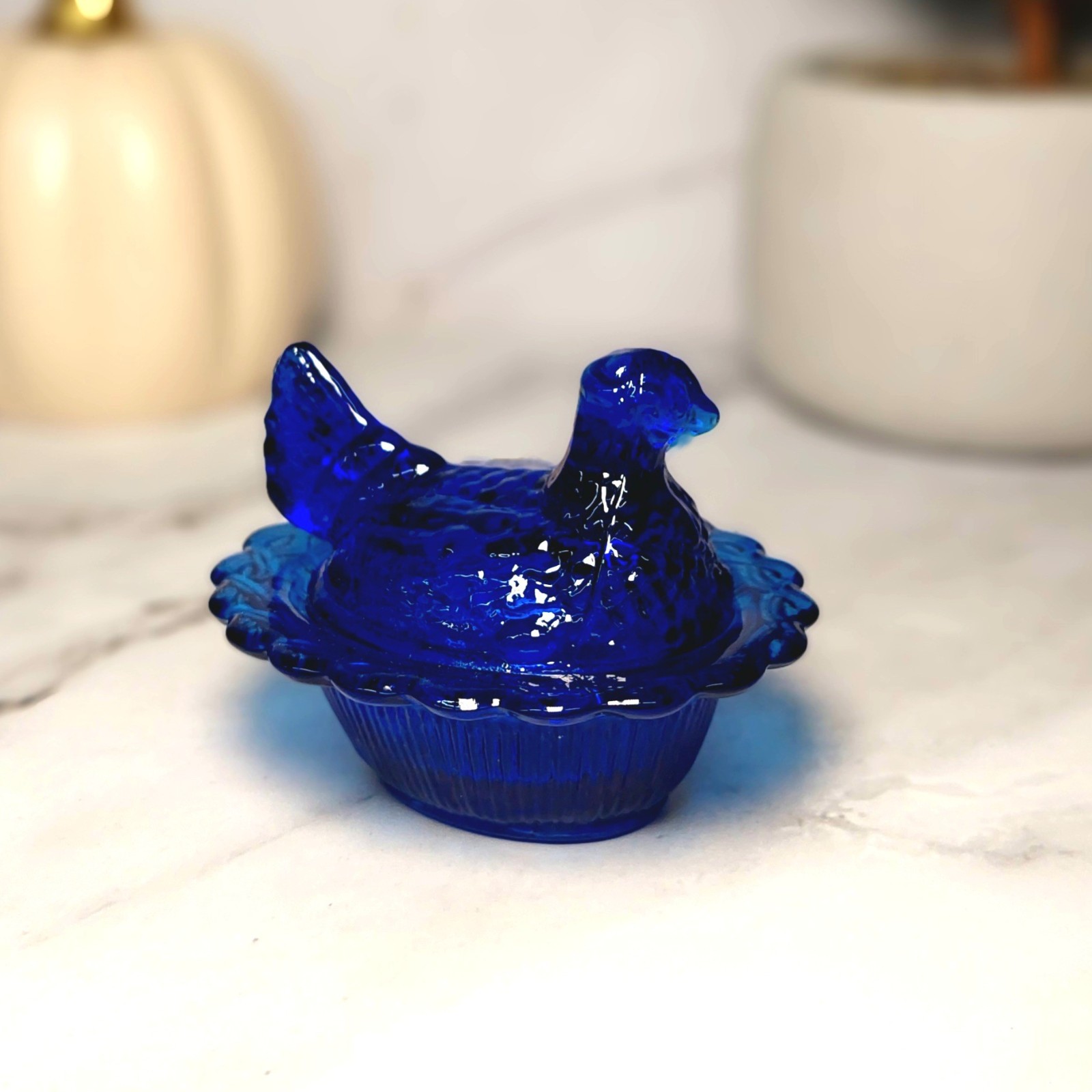 Mosser Cobalt Blue Glass Hen on Nest Salt Dish, Mini Chicken, Vintage Style