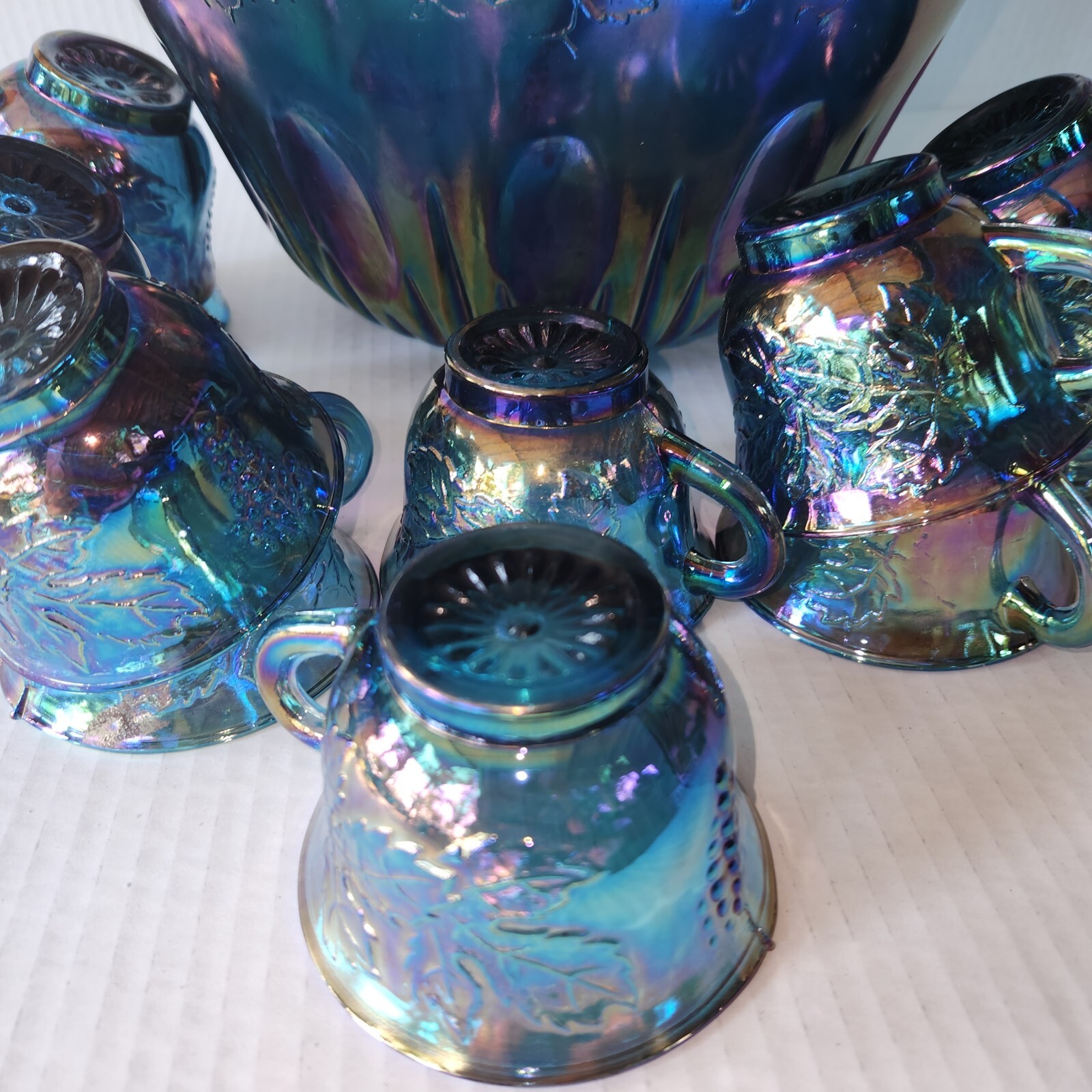 Vintage Indiana Glass Grape Harvest Punch Bowl Set Princess Blue Iridescent 14pc