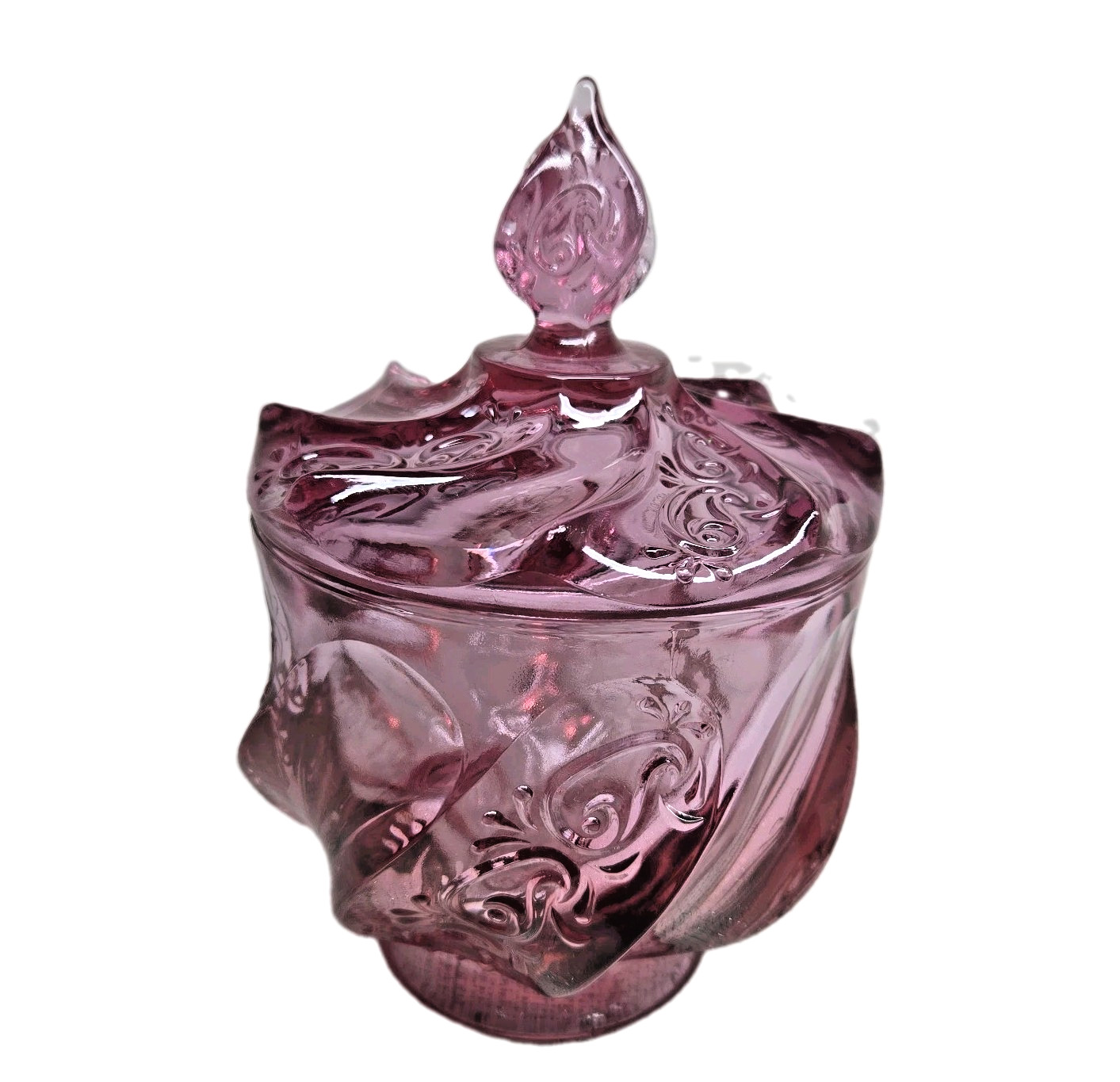 Vintage Fenton Pink Dusty Rose Paisley Swirl Candy Dish w/Lid & Sticker EUC 7.5″