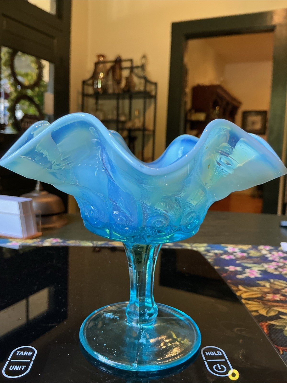 Scarce 5.5” Antique Dugan Blue Opalescent Constellation Glass Compote