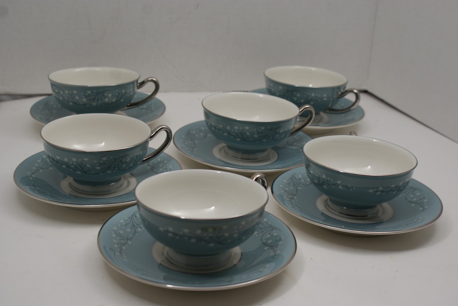 Syracuse China Minuet Footed Cup and Saucer White Blue Platinum Trim Lot of 6