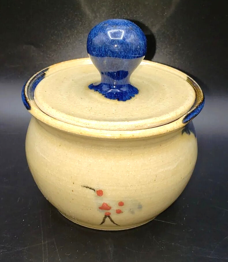 Hand Thrown Bird Pottery Jam Jelly Jar Mucros Ireland Tan Grey Blue Dip Glaze 4″