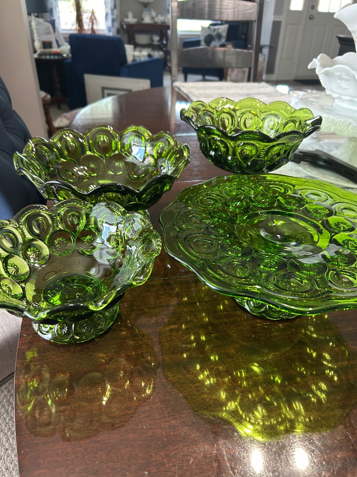 Vintage 4pc L.E. Smith Green Moon & Stars Set Cake Pedestal 2 Bowls 1 Compote