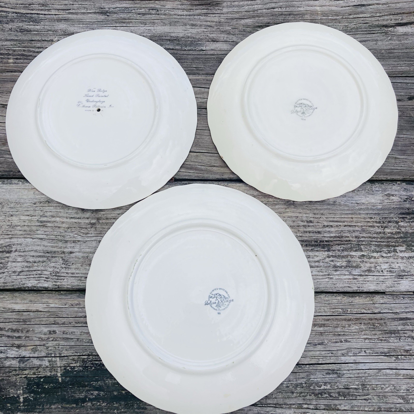 3 Blue Ridge Southern Potteries Wild Strawberry Colonial Green & Red Rim Plates