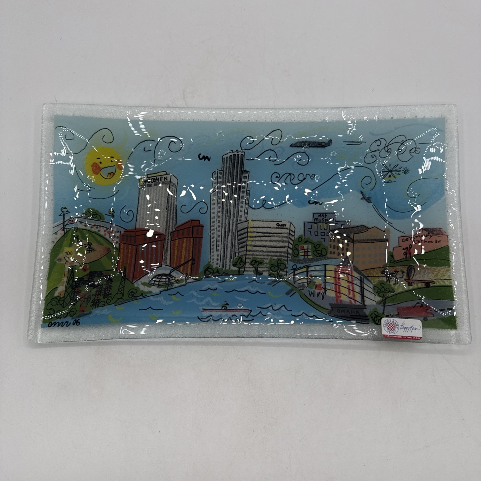 PEGGY KARR Famous Omaha, NE Sites Fused Glass Rectangle 14” Platter Nice