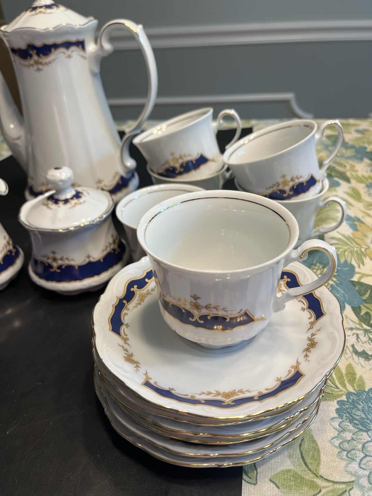 21pc Mitterteich Bavaria Cobalt Blue Gold Trim Coffee Tea Pot Desert Serving Set