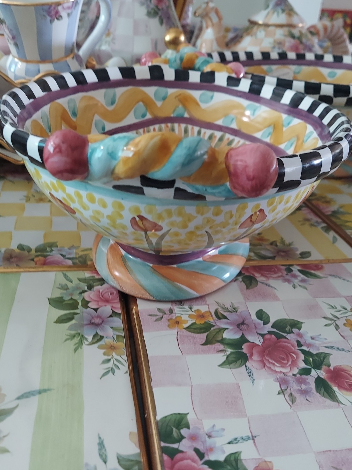 MacKenzie-Childs Taylor Odd Fellows Ceramic Footed Bowl With Courtly Check