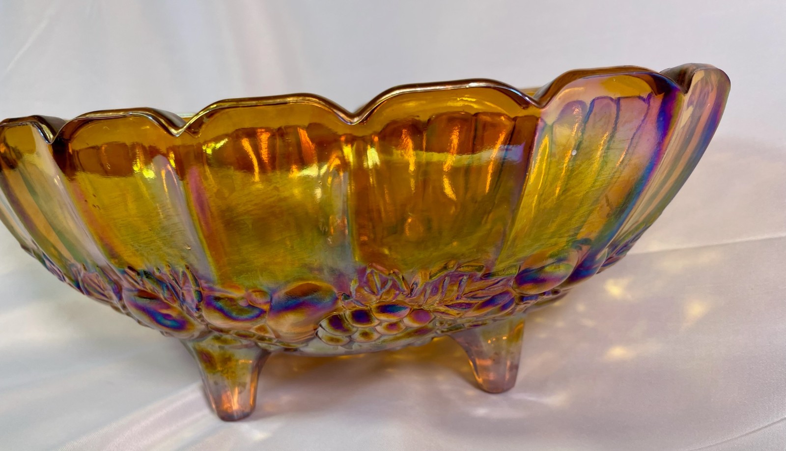 Vintage Carnival Glass Amber Iridescent Fruit Bowl 12” LG Footed Oval Indiana