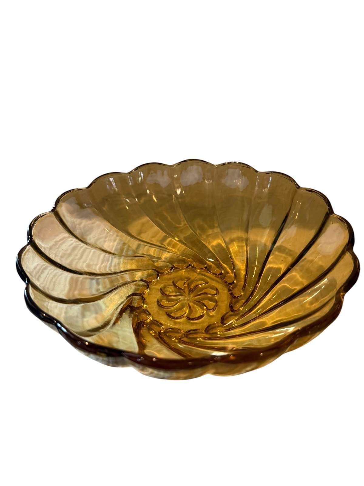 Vintage Hazel Atlas Fruit Bowl Depression Glass Amber Swirl Serving 9″X3.25″