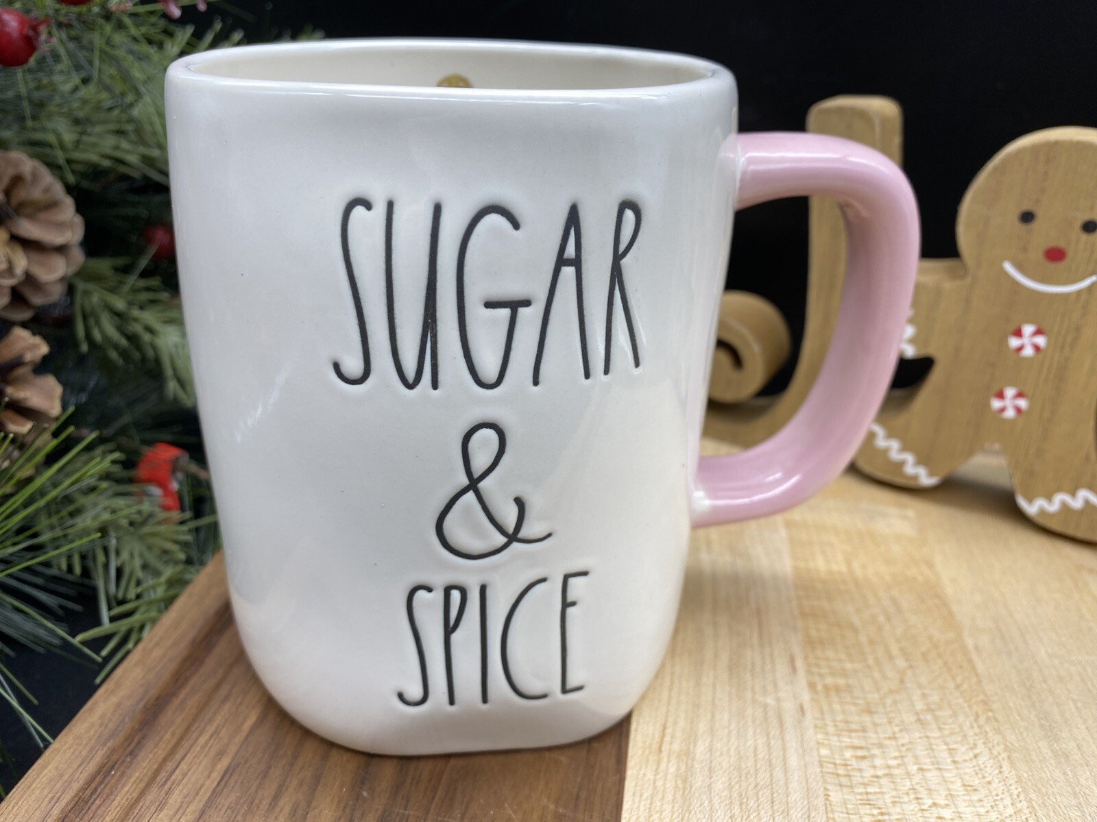 Rae Dunn SUGAR AND SPICE Gingerbread White and Pink 20oz MUG NEW