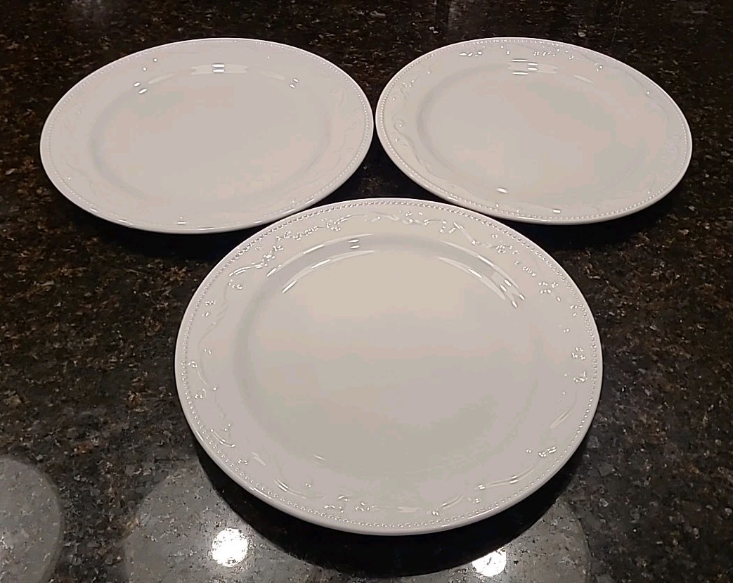 SET (3) Mesa International 11 7/8″ Dinner Plates. White Embossed Dots & Scrolls