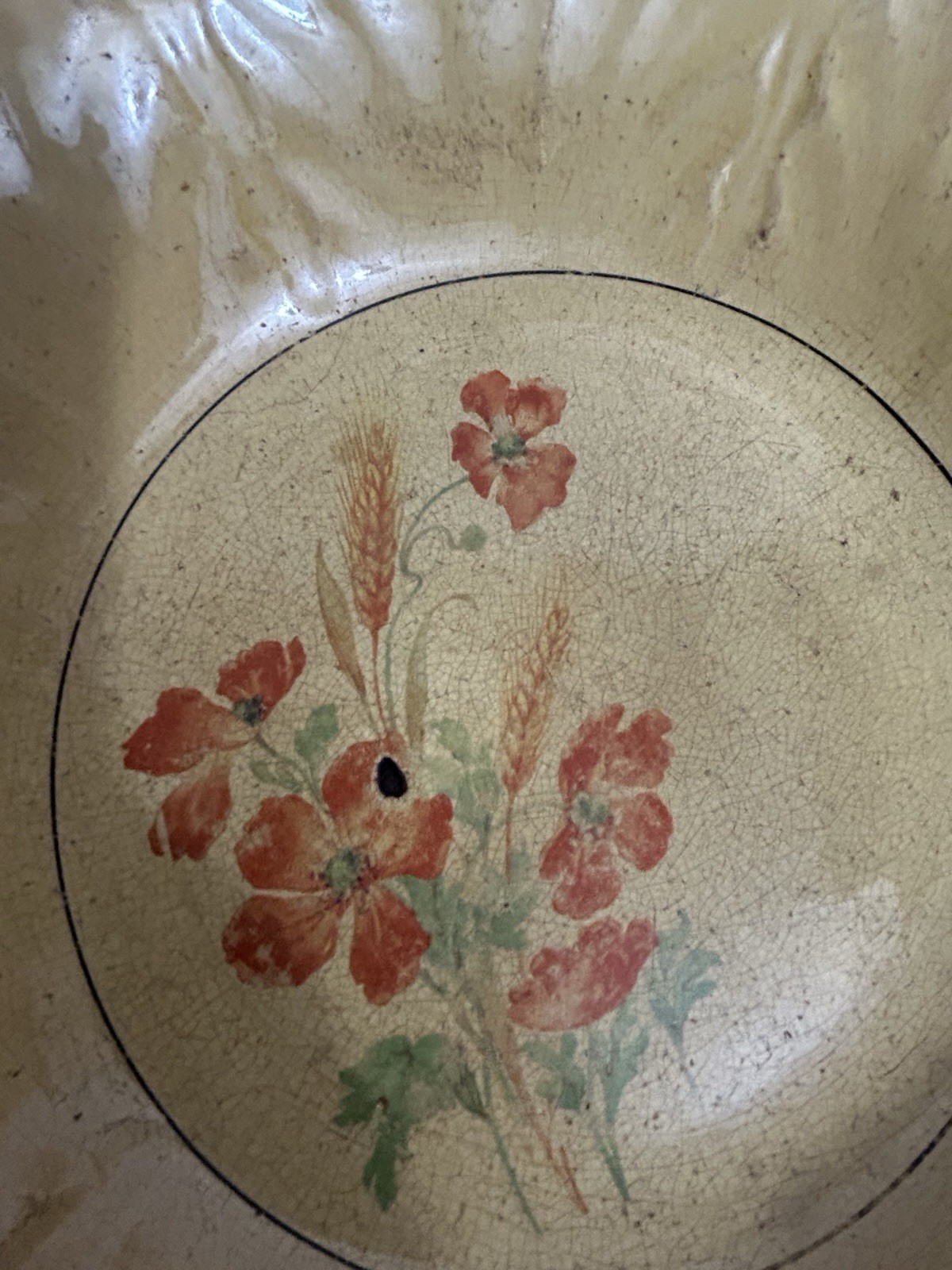 Antique Vintage Serving BOWL Heavily Stained & Crazed Toasty Floral Queen Wheat