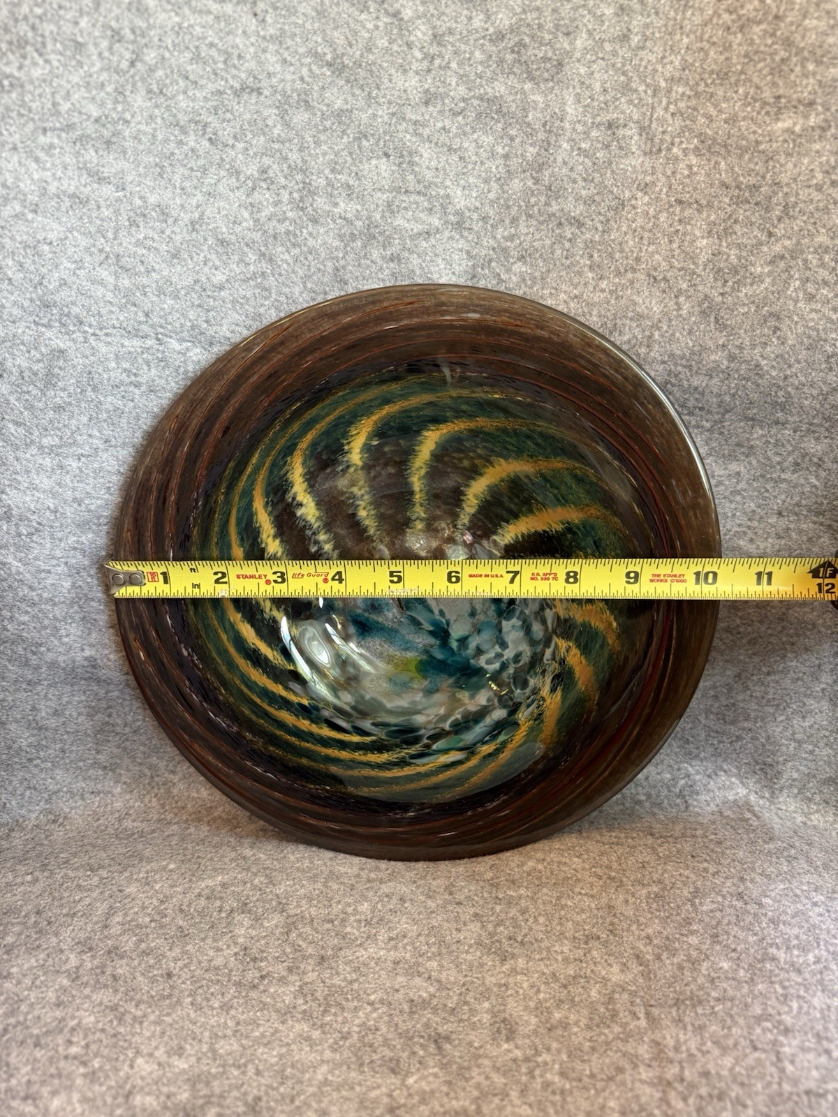Contemporary Piece Of Art Glass Featuring A Swirling Design Brown, Blue & Yellow