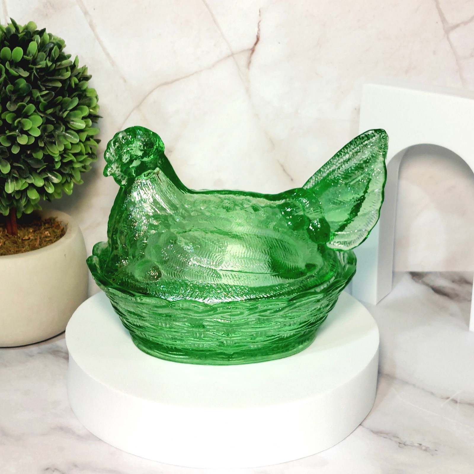 Hen on Nest Chicken Green Depression Style Glass Candy Dish, Vintage Style Decor