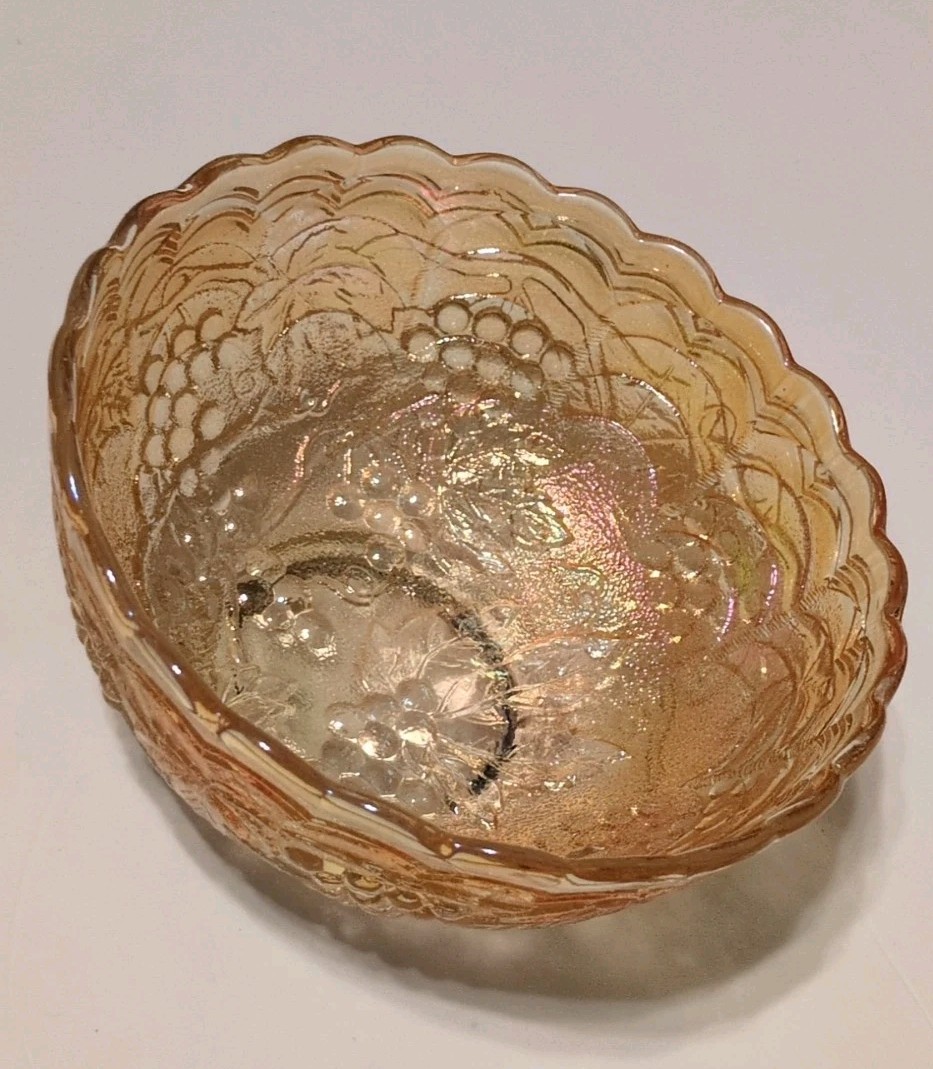 Amber Carnival Glass 5″ Bowl with Molded Grape Vines Design