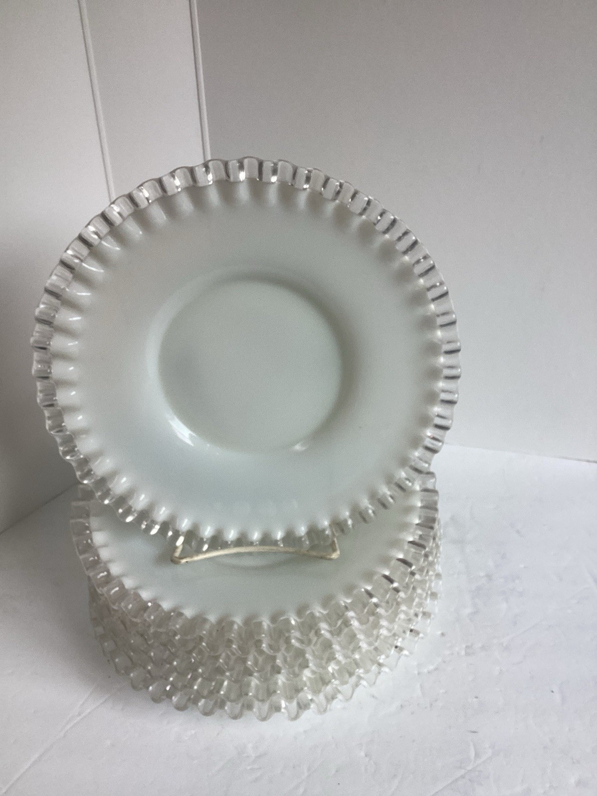 7 Fenton Milk Glass Silver Crest Ruffled Edge Dessert Salad Plates 8 3/4 “