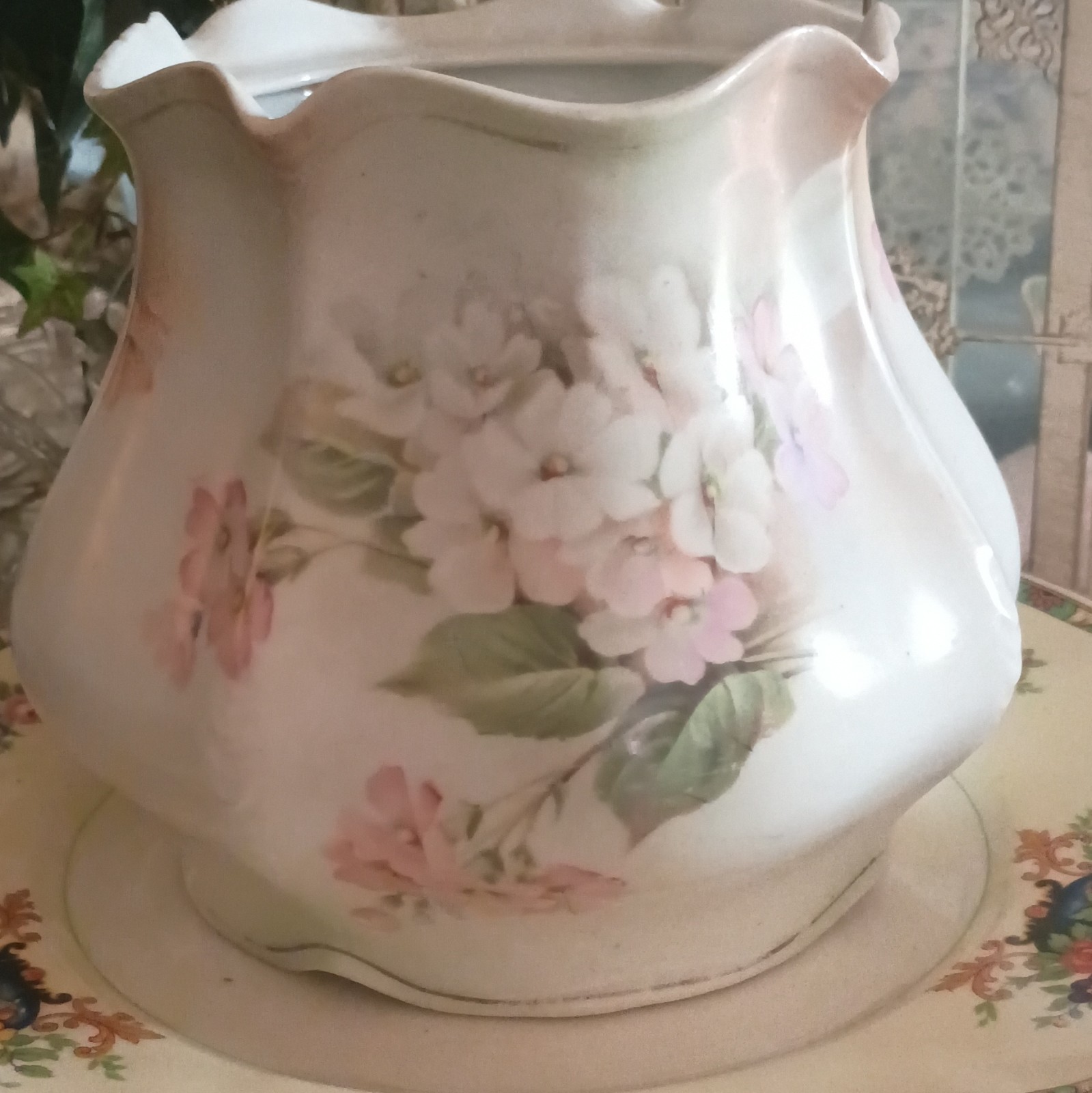 RS Prussia Floral Porcelain Pitcher Glossy White Pink Green Prussia