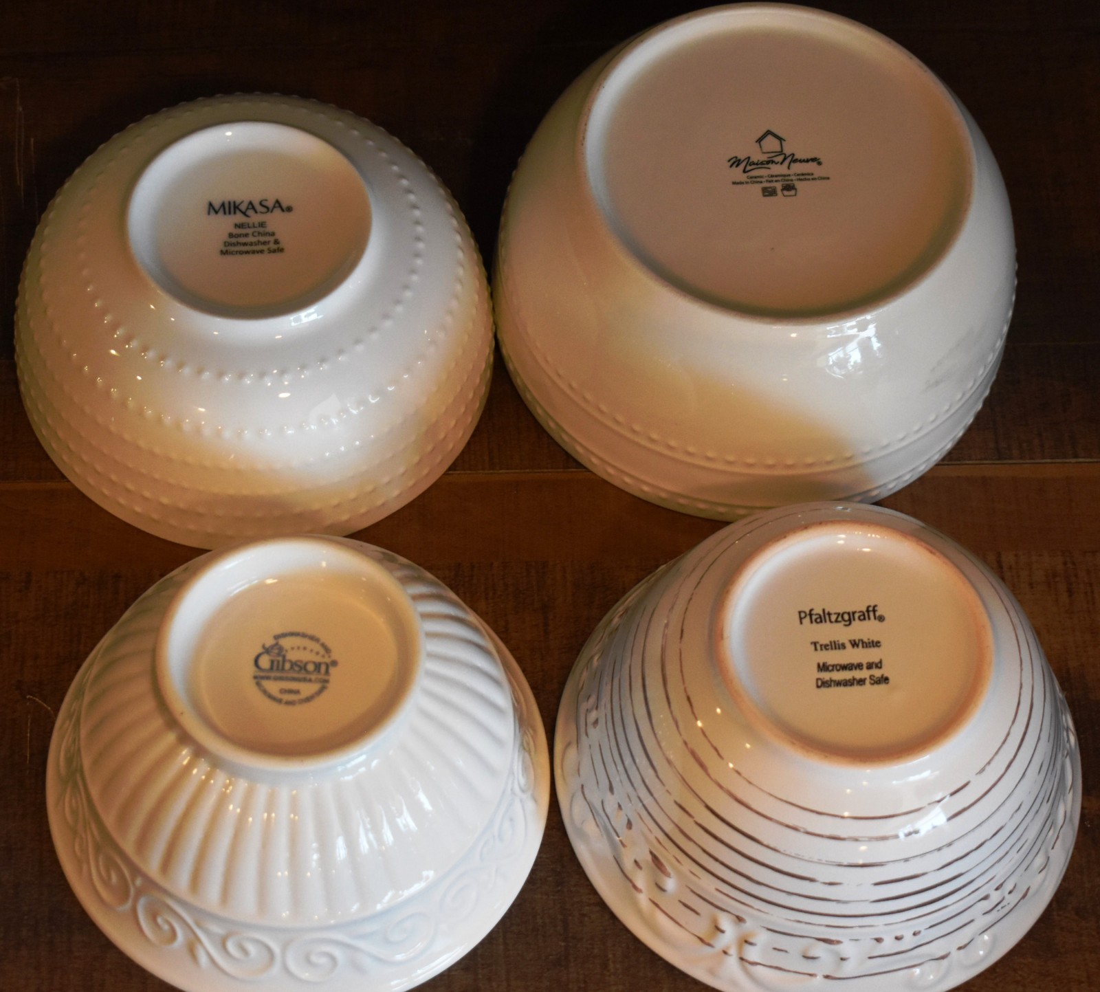 White Ceramic Bowls Embossed Designs Brand Variety Lot 4 Pcs
