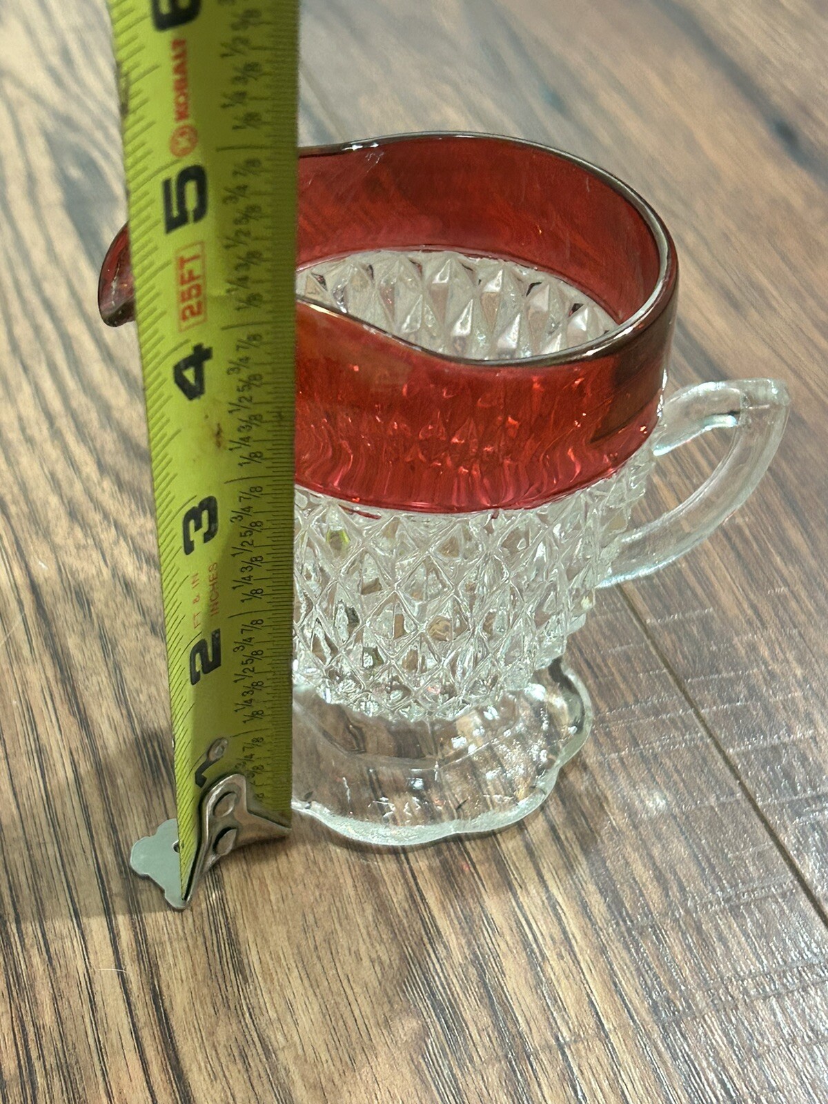 Vintage Indiana Glass Ruby Cut To Clear Creamer And Saucer Set Diamond Point